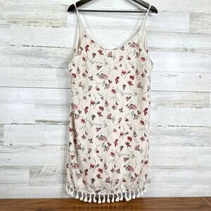 MOD REF Floral V-Neck Cami Dress Cream Tassel Fringe Hem Large L Cottagecore